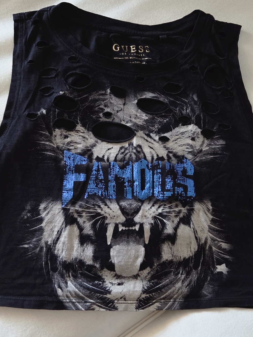GUESS Women Ripped Cotton Graphic Famous Crop Top Size Extra Small